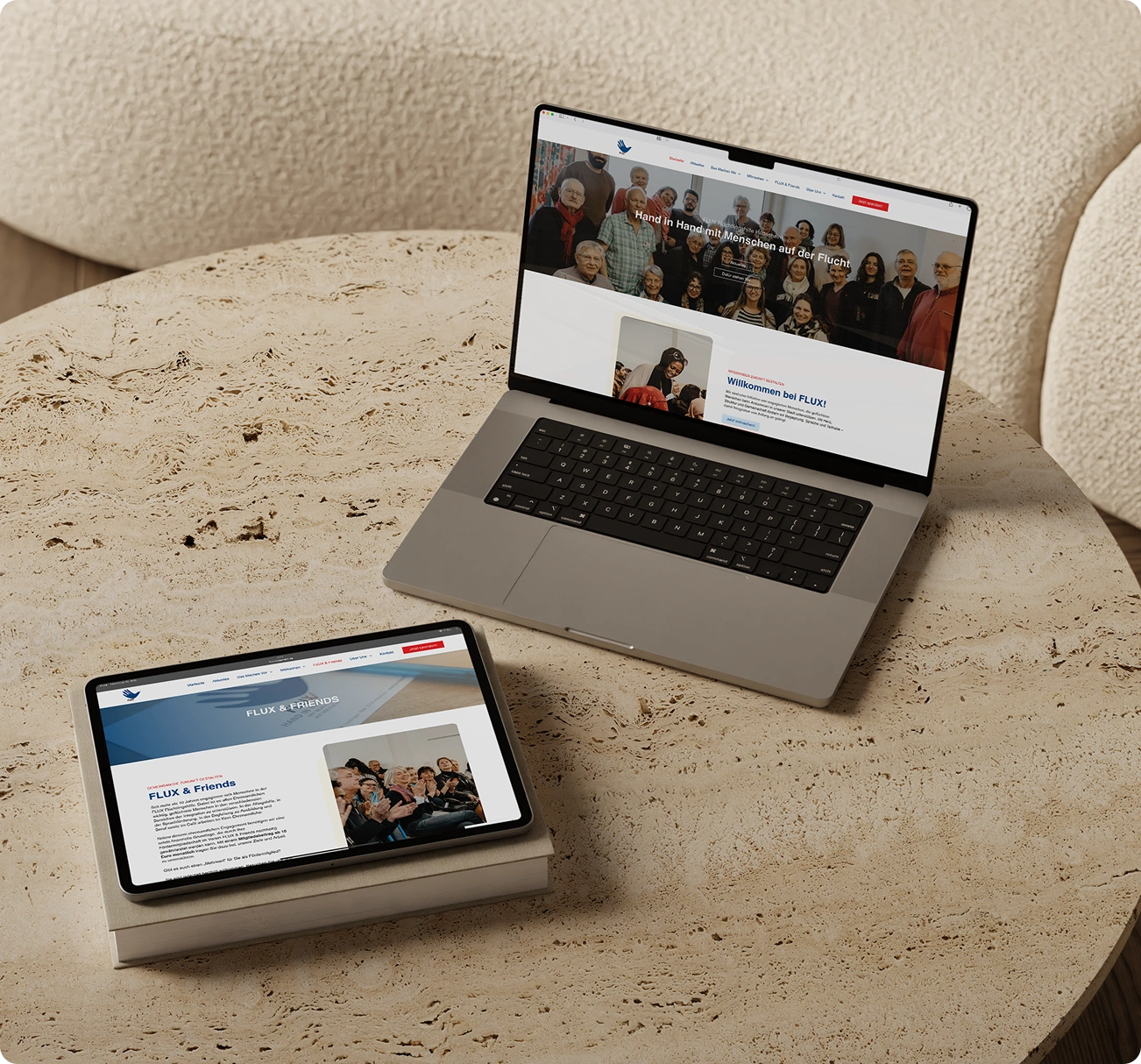 Landingpage der Flux-Flüchtlingshilfe Hildesheim - Tablet und Laptop Ansicht
